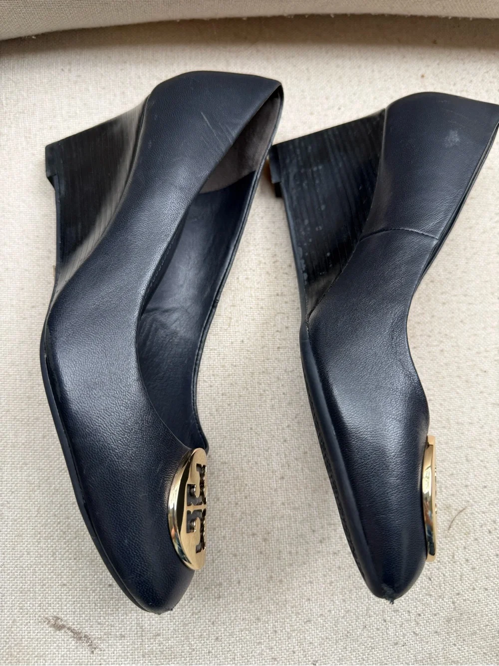 Tory Burch Black Leather Flats with Gold Logo Medallions